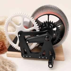 Close product detail of the DrumCarder carding drums gears teeth and hand crank
