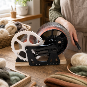Fiber artist workbench scene with DrumCarder wool batts and hand spinning tools