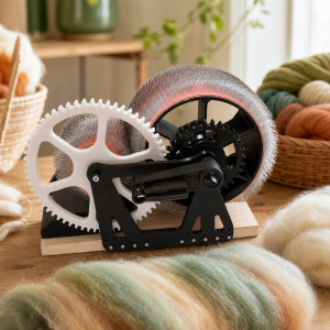 DrumCarder staged with soft wool color batts in a warm craft studio