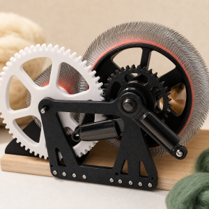 Clean close-up of DrumCarder carding teeth gear handle and base