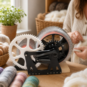 Maker studio scene with DrumCarder and wool fiber ready for blending