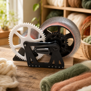 Warm studio ecommerce scene with DrumCarder and wool fiber on a wooden table