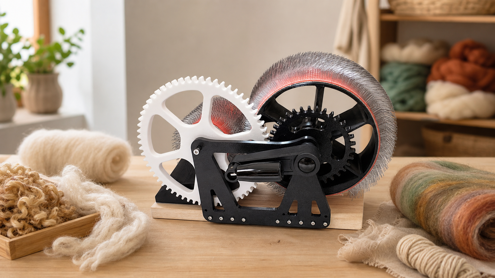 Wide homepage hero image of DrumCarder in a wool fiber craft studio